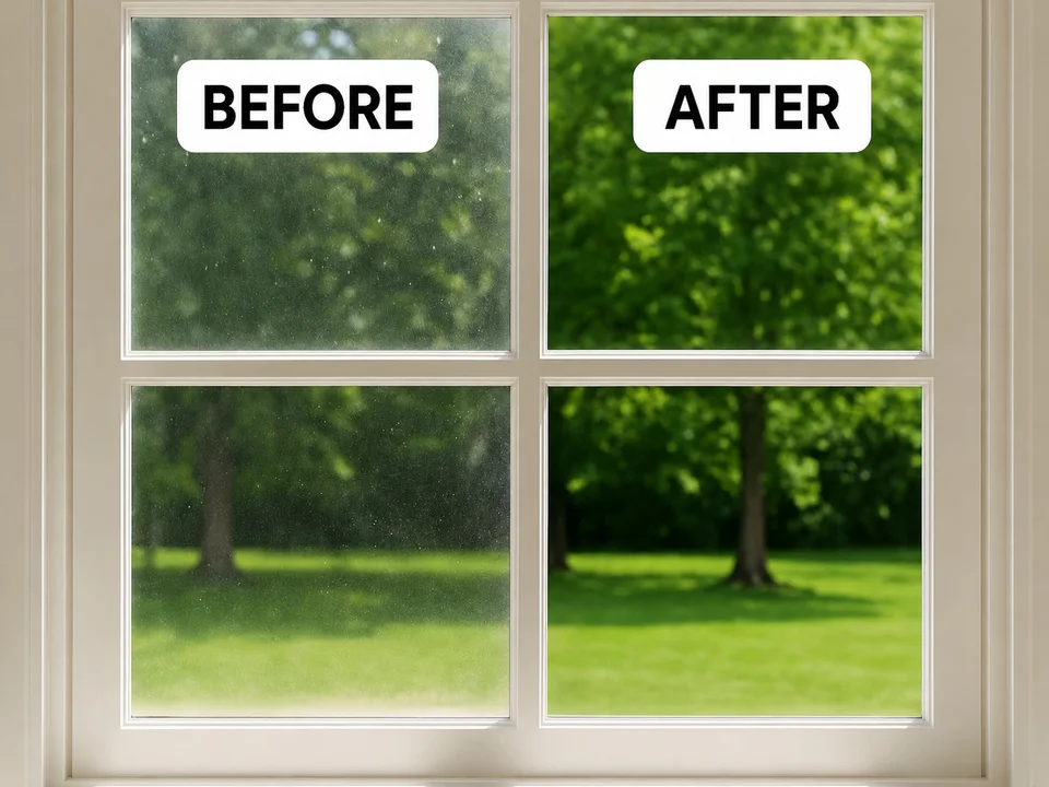 Before and after: a hazy window pane next to a freshly cleaned one